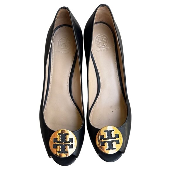 Tory Burch Black Leather Wedge Peep Toe Pumps With Gold Logo Size 10M - Picture 7 of 11